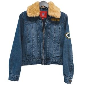 G-III NFL Denim Jacket Women M Blue Green Bay Packers Removable Faux Fur Trim